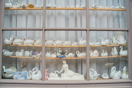 Brugge, APR 28: Beautiful window fill with swan decoration on APR 28, 2018 at Brugge, Beligum