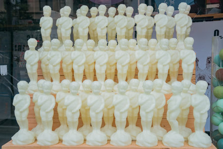 The interesting chocolate version of the famous Manneken Pis statue selling at Brussels, Europe