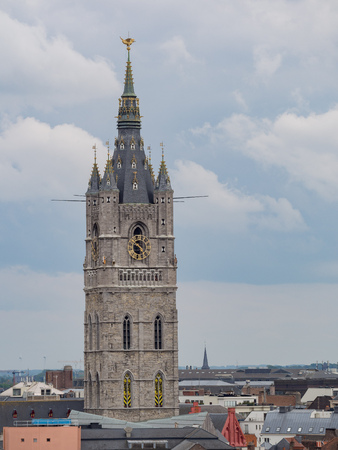 Aerial view of the Het Belfort van Gent tower at Ghent, Belgiumの写真素材