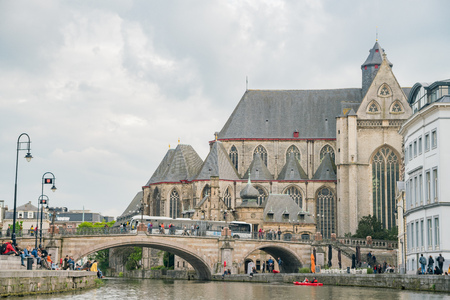Ghent, APR 28: Beautiful cityscape and Leie river on APR 28, 2018 at Ghent, Belgiumのeditorial素材