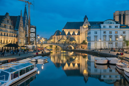 Ghent, APR 28: Beautiful cityscape and Leie river on APR 28, 2018 at Ghent, Belgium