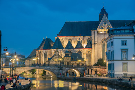 Ghent, APR 28: Beautiful night cityscape and Leie river on APR 28, 2018 at Ghent, Belgiumのeditorial素材