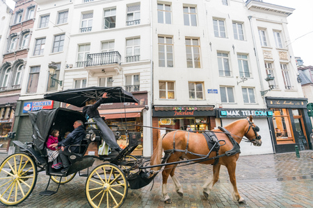 Brussels, APR 29: Beautiful street view with horse car on APR 29, 2018 at Brussels, Belgiumのeditorial素材