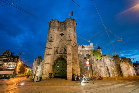 Ghent, APR 28: Night view of the famous Gravensteen Castle on APR 28, 2018 at Ghent, Beligumのeditorial素材
