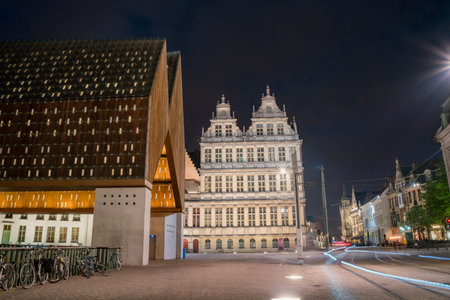 Ghent, APR 28: Night view of the Market Place on APR 28, 2018 at Ghent, Belgiumのeditorial素材