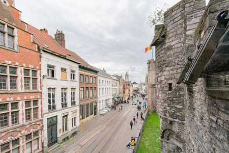 Ghent, APR 28: Exterior view of the Gravensteen Castle on APR 28, 2018 at Ghent, Belgiumのeditorial素材