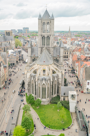Ghent, APR 28: Aerial view of the beautiful Saint Nicholas' Church and cityscape on APR 28, 2018 at Ghent, Belgiumのeditorial素材