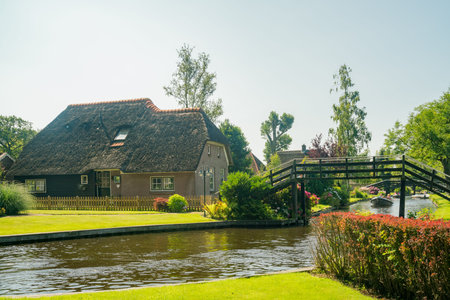 Beautiful canal view and traditional house of Giethoorn, Amsterdam, Netherlandsのeditorial素材