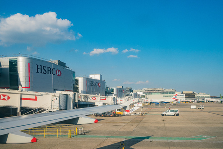 Gatwick, APR 14: The beautiful Gatwick airport with airplane on APR 14, 2018 at Gatwick, United Kingdomのeditorial素材