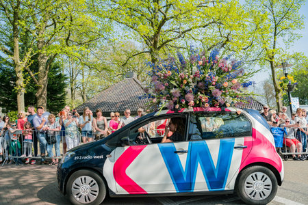 Netherlands, APR 21: The beautiful and colorful flower parade on APR 21, 2018 at Netherlandsのeditorial素材