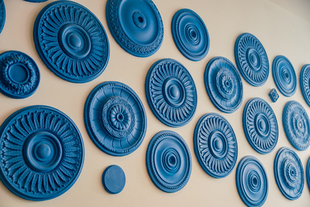 Leiden, APR 22: Interior view of a restaurant with blue circle plate as decoration on APR 22, 2018 at Leiden, Netherlandsのeditorial素材