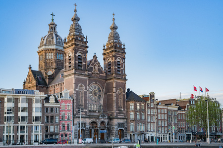 Amsterdam, JUL 22: Exterior view of the Church of Saint Nicholas and cityscape on JUL 22, 2017 at Amsterdam, Netherlandsのeditorial素材