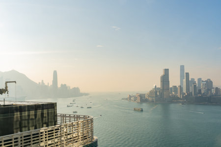 Sunset view of the famous Victoria Harbor at Hong Kong
