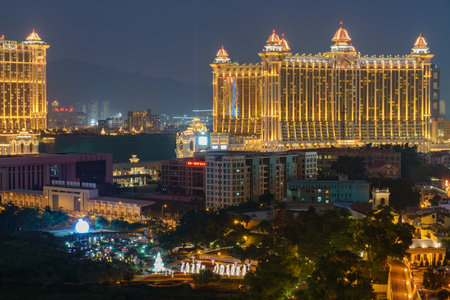 Night aerial view of the Galaxy Macau from Taipa Grande