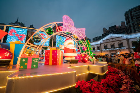 Macau, DEC 24: Night view of the famous Senado Square with christmas decoration on DEC 24, 2018 at...