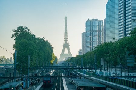 Morning view of the Champ de Mars - Tour Eiffel metro station with the famous Eiffel Tower at Paris, Franceのeditorial素材