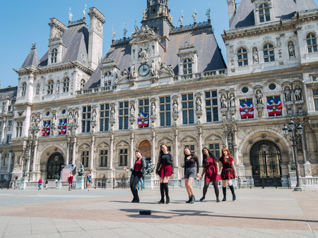 Paris, MAY 7: Girls dancing in front of the City Hall on MAY 7, 2018 at Paris, Franceのeditorial素材