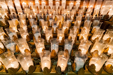 Close up shot of some candles of the Basilica of Sainte-Anne-de-Beaupre church at Quebec, Canada