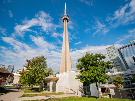Looking up the CN Tower from downtown Toronto, Canada