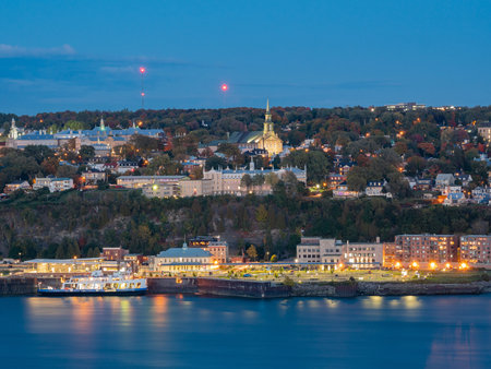 Night view of Levis city, Our Lady of Victory Church with fall color at Quebec, Canada
