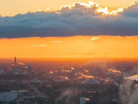 Aerial sunrise view of the beautiful Niagara River and Niagara Falls city from Canada