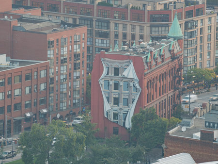 Aerial morning view of the Gooderham Building and Toronto downtown, Canada