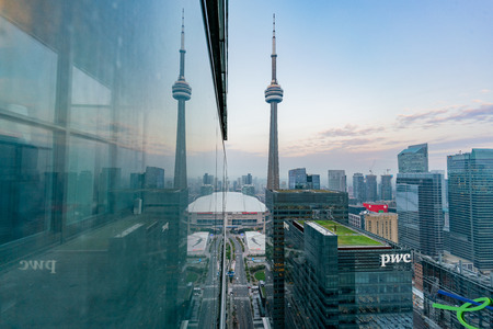 Aerial morning view of the Toronto downtown and CN Tower with reflection at Canadaのeditorial素材