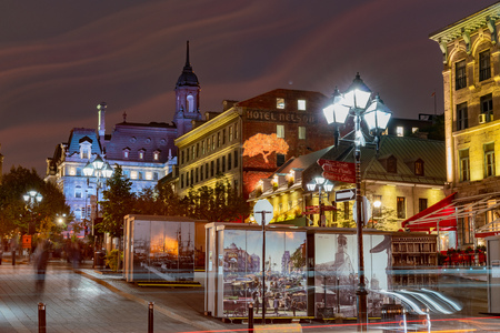 Quebec, OCT 2: Beautiful night view of fall color with the Montreal City Hall and Jacques Cartier square on OCT 2, 2018 at Quebec, Canadaのeditorial素材