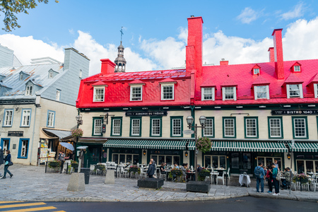 Quebec, OCT 3: Morning view of some beautiful buildings, around Place d'Armes plaza on OCT 3, 2018 at Quebec, Canadaのeditorial素材