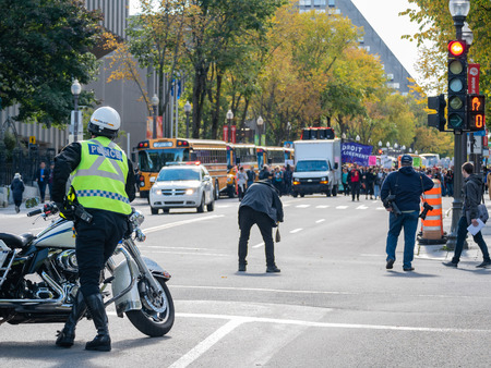 Quebec, OCT 2: Many people marching in old Quebec on OCT 2, 2018 at Quebec, Canadaのeditorial素材
