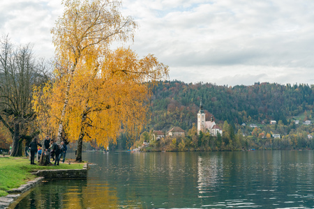 Beautiful autumn landscape around Lake Bled with Pilgrimage Church of the Assumption of Maria at Sloveniaのeditorial素材