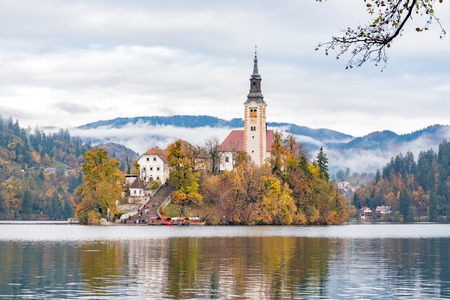 Beautiful autumn landscape around Lake Bled with Pilgrimage Church of the Assumption of Maria at Sloveniaの写真素材