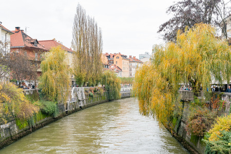 Ljubljana, NOV 3: Triple Bridge and the river citscape on NOV 3, 2018 at Sloveniaのeditorial素材