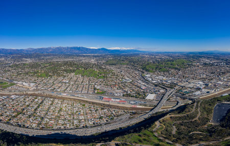 Aerial morning view of the Los Angeles city area with Mt. Wilson, Mt. Baldy