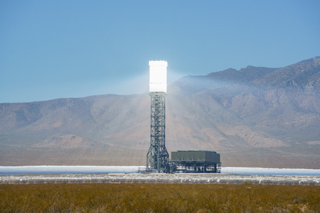 The solar tower of the Ivanpah Solar Electric Generating System at Californiaの写真素材