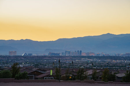 Sunset view of the famous casino building along the Strip at Las Vegas, Nevadaのeditorial素材