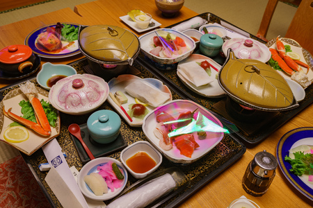 Close up shot of a delicious and sumptuous Kaiseki dinner, ate at Lake Toya area, Hokkaido, Japanのeditorial素材
