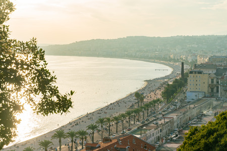 Aerial sunset view of the famous Angel's Bay, Nice at Franceのeditorial素材