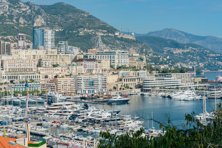 Aerial view of the Monaco cityscape with many ships at Monaco