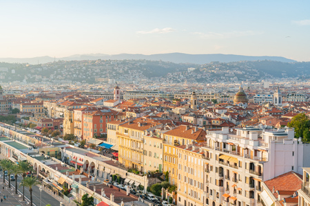 Aerial sunset view of the Nice downtown cityscape from Castle Hill at Franceのeditorial素材