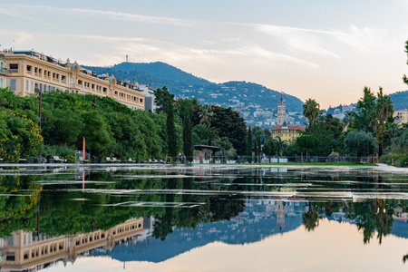 Promenade du Paillon park with beautiful reflection at Nice, Franceのeditorial素材