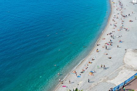 Aerial morning view of the famous Angel's Bay with downtown cityscape from Nice at Franceの写真素材
