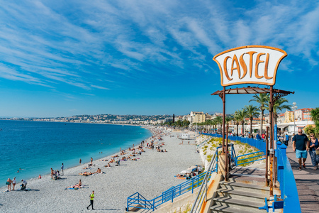 Nice, OCT 21: High angle morning view of the famous Angel's Bay with people swimming, Nice on OCT 20, 2018 at Nice, Franceのeditorial素材