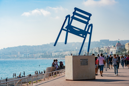 Nice, OCT 21: Beautiful La Grande Chaise Bleue besides the Angel's Bay OCT 21, 2018 at Nice, Franceのeditorial素材