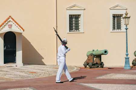 Monaco, OCT 21: Soldier patrol in front of the Prince's Palace of Monaco on OCT 21, 2018 at Monco