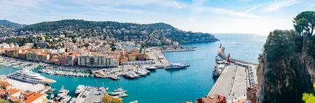 Nice, OCT 20: Aerial morning view of the famous Le Port with ships, building from Castle Hill on OCT 20, 2018 at Nice, Franceのeditorial素材