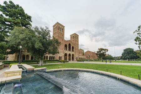 Los Angeles, APR 4: Night exterior view of the Royce Hall on APR 4, 2019 at Los Angeles, Californiaのeditorial素材