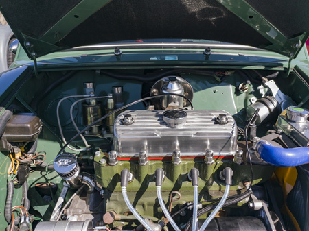 Sierra Madre, MAR 17: Close up of beautiful engine in antique car displayed in the Wisteria Festival on MAR 17, 2019 at Sierra Madrea, Californiaのeditorial素材