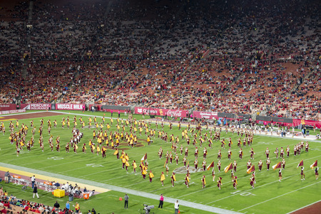 Los Angeles, MAR 26: Night view of USC marching band in the football field on MAR 26, 2016 at Los Angeles, Californiaのeditorial素材