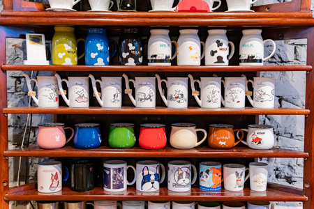 Yilan, JAN 5: Many colorful coffee cups on the shelf on JAN 5, 2019 at Yilan, Taiwanのeditorial素材